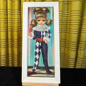 Vintage 1960s Eden print, Harlequin Girl, wood framed, damaged